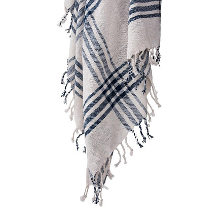 50" X 60" Ivory And Navy Blue Plaid Throw Blanket with Fringe HomeRoots