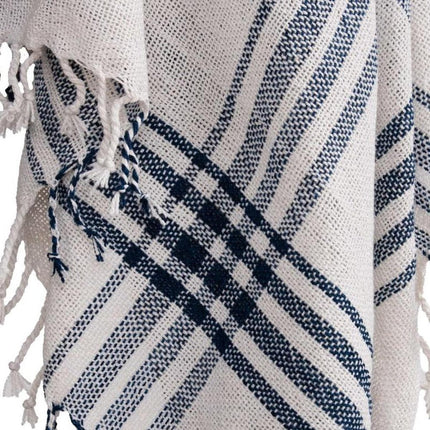 50" X 60" Ivory And Navy Blue Plaid Throw Blanket with Fringe HomeRoots