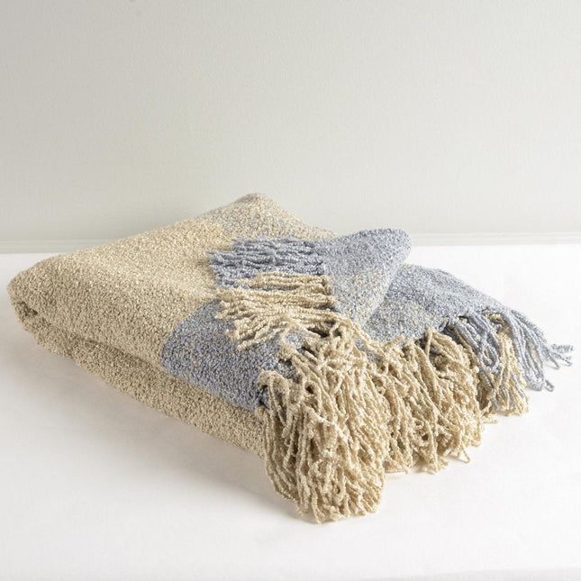 50" X 60" Natural Beige Slate Blue And Slate Gray Color Block Throw Blanket with Fringe HomeRoots