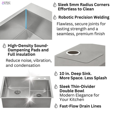 FORNO ACQUA 33 in. Drop-In/Undermount 40/60 Double Bowl Stainless Steel Sink with Waterfall Faucet FORNO ACQUA