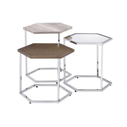 ACME 82105 Simno Nesting Tables, Clear Glass, Taupe, Gray Washed & Chrome Finish
