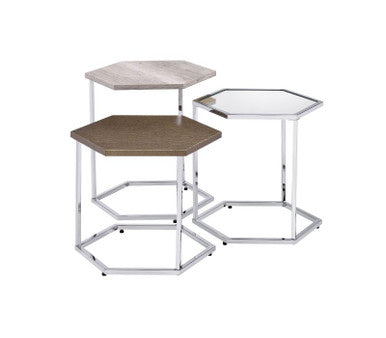 ACME 82105 Simno Nesting Tables, Clear Glass, Taupe, Gray Washed & Chrome Finish ACME Furniture