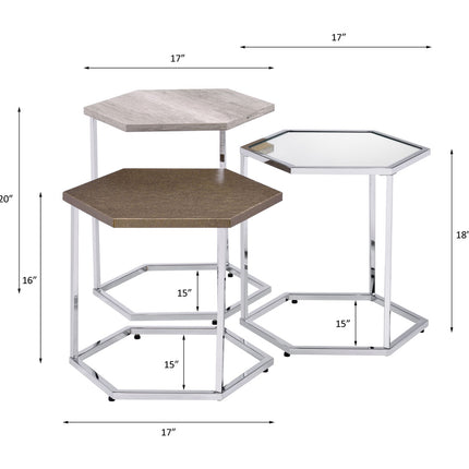 ACME 82105 Simno Nesting Tables, Clear Glass, Taupe, Gray Washed & Chrome Finish