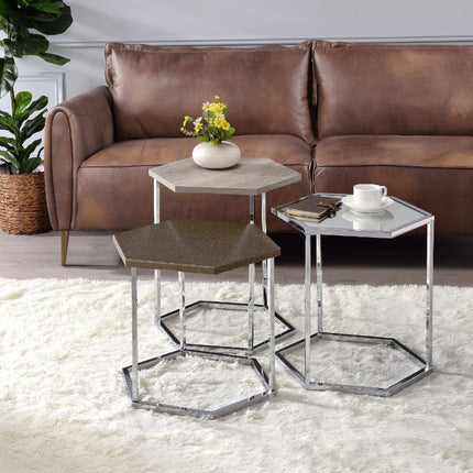 ACME 82105 Simno Nesting Tables, Clear Glass, Taupe, Gray Washed & Chrome Finish