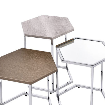 ACME 82105 Simno Nesting Tables, Clear Glass, Taupe, Gray Washed & Chrome Finish