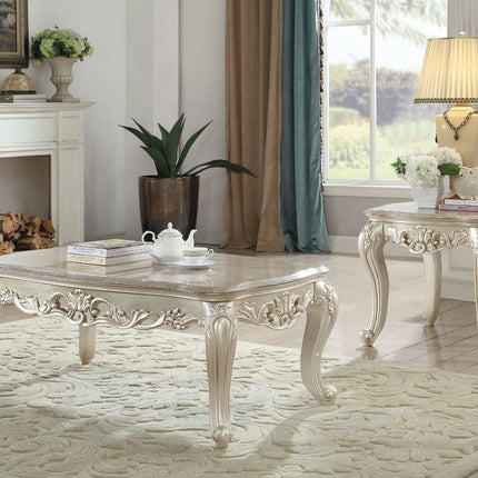 ACME 82440 Gorsedd Coffee Table with Marble Top, Marble & Antique White
