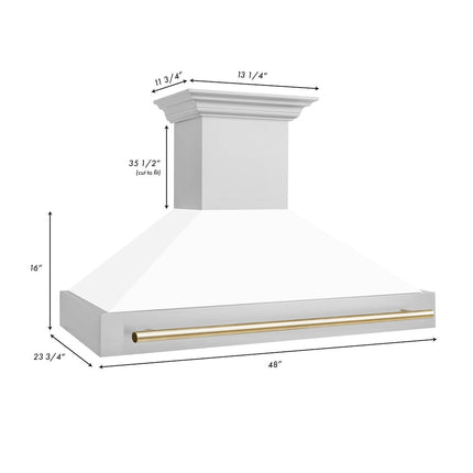 ZLINE Autograph Edition 48" Stainless Steel Range Hood with White Matte Shell and Polished Gold Handle (8654STZ-WM48-G)