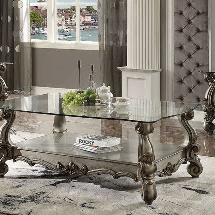ACME 86840 Versailles Coffee Table, Antique Platinum & Clear Glass