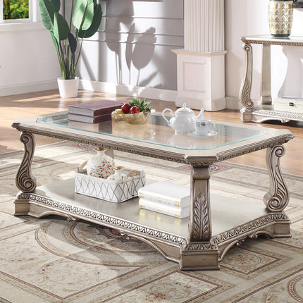 ACME 86930 Northville Coffee Table, Antique Silver & Clear Glass
