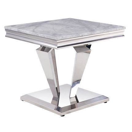 ACME 87219 Satinka End Table, Light Gray Printed Faux Marble & Mirrored Silver Finish