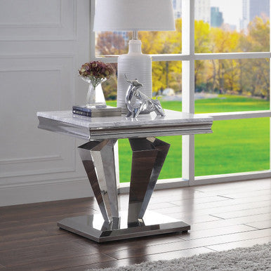 ACME 87219 Satinka End Table, Light Gray Printed Faux Marble & Mirrored Silver Finish ACME Furniture