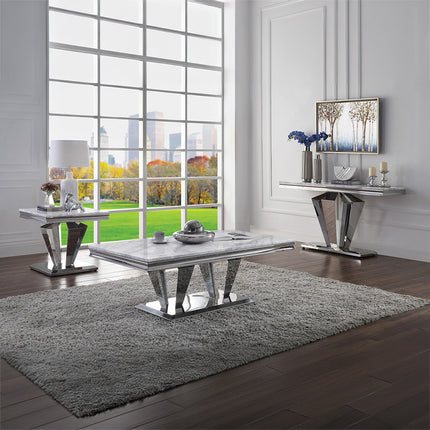ACME 87219 Satinka End Table, Light Gray Printed Faux Marble & Mirrored Silver Finish