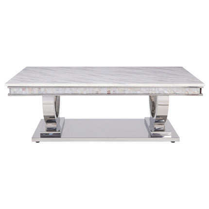 ACME 87355 Zander Coffee Table, White Printed Faux Marble & Mirrored Silver Finish