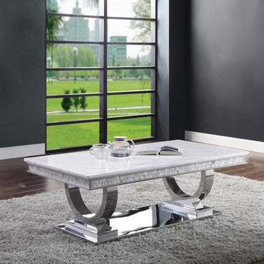ACME 87355 Zander Coffee Table, White Printed Faux Marble & Mirrored Silver Finish ACME Furniture
