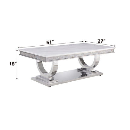 ACME 87355 Zander Coffee Table, White Printed Faux Marble & Mirrored Silver Finish