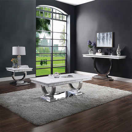 ACME 87355 Zander Coffee Table, White Printed Faux Marble & Mirrored Silver Finish