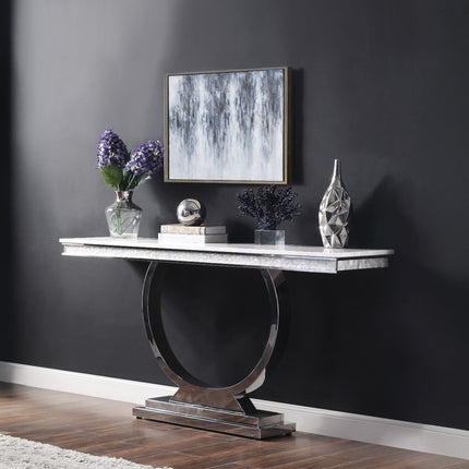 ACME 87359 Zander Sofa Table, White Printed Faux Marble & Mirrored Silver Finish