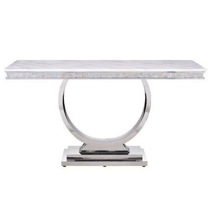 ACME 87359 Zander Sofa Table, White Printed Faux Marble & Mirrored Silver Finish