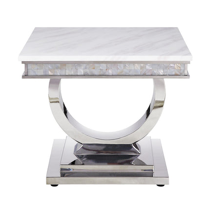 ACME 87359 Zander Sofa Table, White Printed Faux Marble & Mirrored Silver Finish