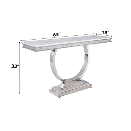 ACME 87359 Zander Sofa Table, White Printed Faux Marble & Mirrored Silver Finish