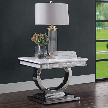 ACME 87363 Zander End Table, White Printed Faux Marble & Mirrored Silver Finish