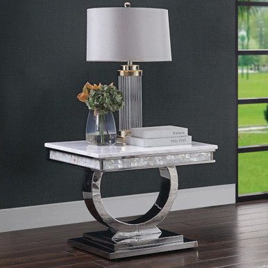 ACME 87363 Zander End Table, White Printed Faux Marble & Mirrored Silver Finish ACME Furniture