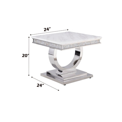 ACME 87363 Zander End Table, White Printed Faux Marble & Mirrored Silver Finish