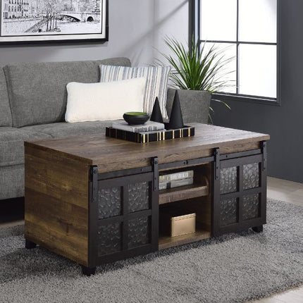ACME 87955 Nineel Coffee Table, Obscure Glass, Rustic Oak & Black Finish