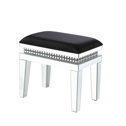 ACME 90808 Lotus Vanity Stool, Black Fabric, Mirrored & Faux Crystals