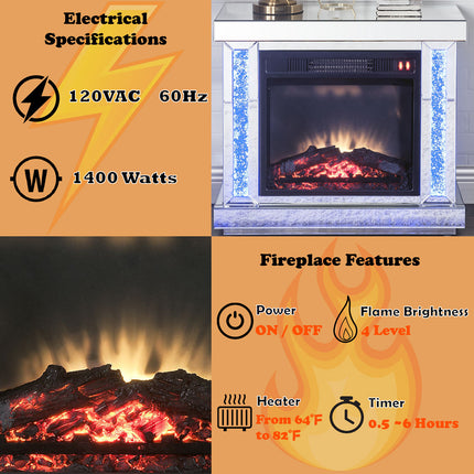 ACME 90864 Noralie Fireplace, LED, Mirrored & Faux Diamonds