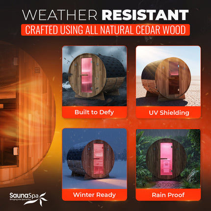 4-6-Person Outdoor Barrel Wet Sauna in White Cedar with ETL-Certified 6.2kW Sauna Rock Heater, and Bitumen Shingle Roof SteamSpa