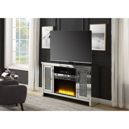 ACME 91775 Noralie TV Stand with Fireplace, Mirrored & Faux Diamonds