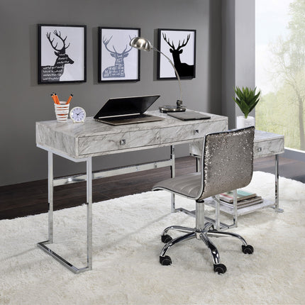 ACME 92615 Tigress Writing Desk, White Printed Faux Marble & Chrome Finish