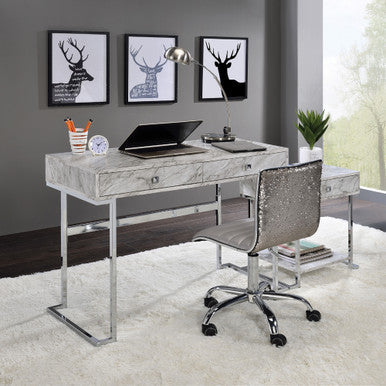 ACME 92615 Tigress Writing Desk, White Printed Faux Marble & Chrome Finish ACME Furniture