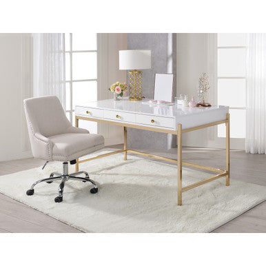 ACME 92695 Ottey Desk, White High Gloss & Gold ACME Furniture