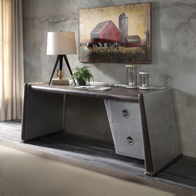 ACME 92855 Brancaster Desk, Distress Chocolate Top Grain Leather & Aluminum ACME Furniture