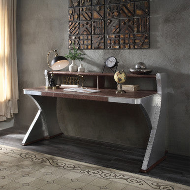 ACME 92857 Brancaster Desk, Retro Brown Top Grain Leather & Aluminum ACME Furniture