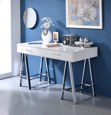 ACME 93047 Coleen Built-in USB Port Writing Desk, White High Gloss & Chrome Finish ACME Furniture