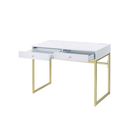 ACME 93052 Coleen Built-in USB Port Writing Desk, White & Brass Finish