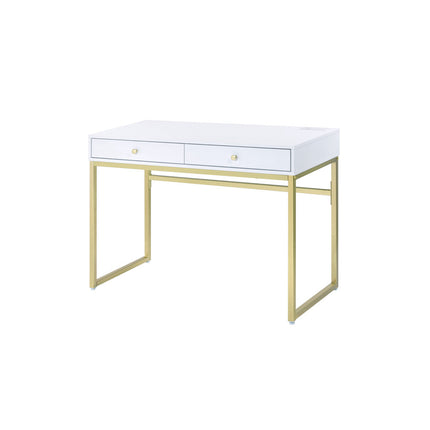 ACME 93052 Coleen Built-in USB Port Writing Desk, White & Brass Finish