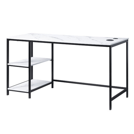 ACME 93077 Taurus Built-in USB Port Writing Desk, White Printed Faux Marble & Black Finish