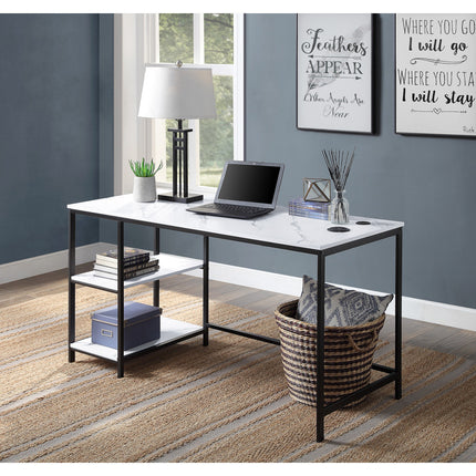 ACME 93077 Taurus Built-in USB Port Writing Desk, White Printed Faux Marble & Black Finish