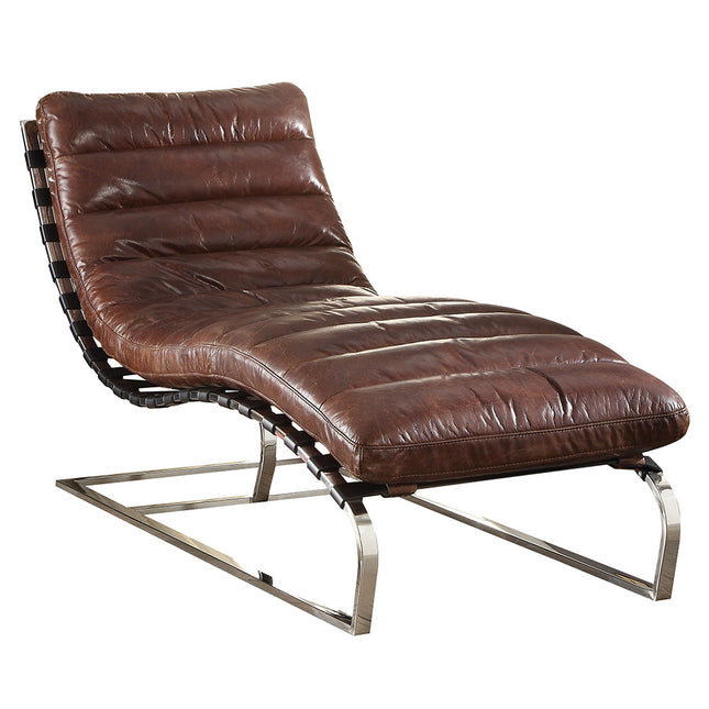 ACME 96670 Qortini Chaise, Vintage Dark Brown Top Grain Leather & Stainless Steel