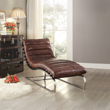 ACME 96670 Qortini Chaise, Vintage Dark Brown Top Grain Leather & Stainless Steel ACME Furniture