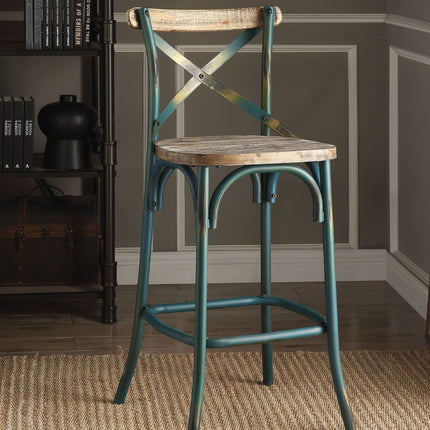 ACME 96807 Zaire Bar Chair (1 Piece), Antique Turquoise & Antique Oak, 29" Seat Height