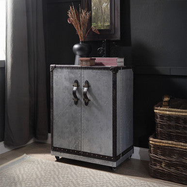 ACME 97802 Brancaster Wine Cabinet, Antique Ebony Top Grain Leather & Aluminum ACME Furniture