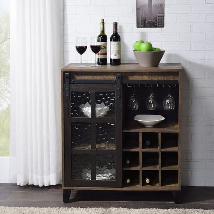 ACME 97836 Treju Wine Cabinet, Obscure Glass, Rustic Oak & Black Finish