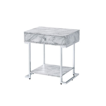 ACME 97868 Wither Accent Table, White Printed Faux Marble & Chrome Finish