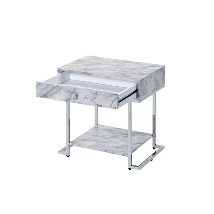 ACME 97868 Wither Accent Table, White Printed Faux Marble & Chrome Finish