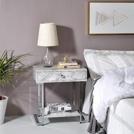 ACME 97868 Wither Accent Table, White Printed Faux Marble & Chrome Finish